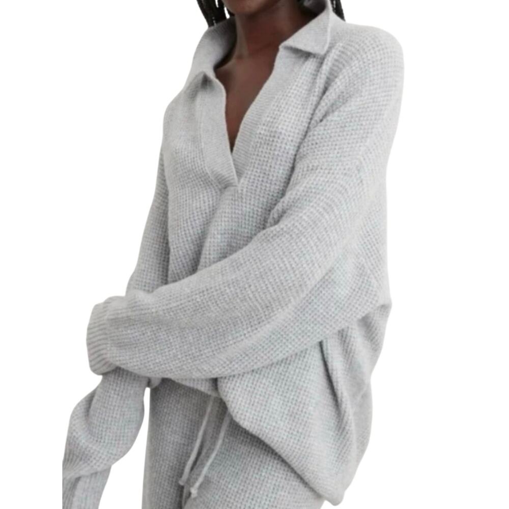 Aerie CozyUp Grey Waffle Knit Super Soft Oversized Polo Sweater Size M